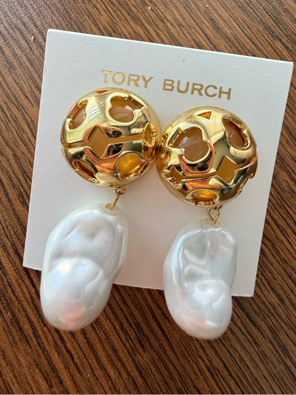 Tory Burch Gold Filigree Disc Earrings with White Baroque Pearl Drops
